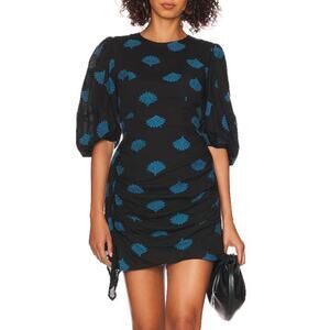 Rhode Pia Mini Dress in‎ Black Blue Fan Clip Jacquard Puff Sleeves, Size 0